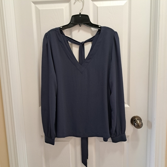 Loft Blouse Tie Back Blue Women's Small V-neck Long Sleeved Gathered Shoulder - Picture 1 of 16